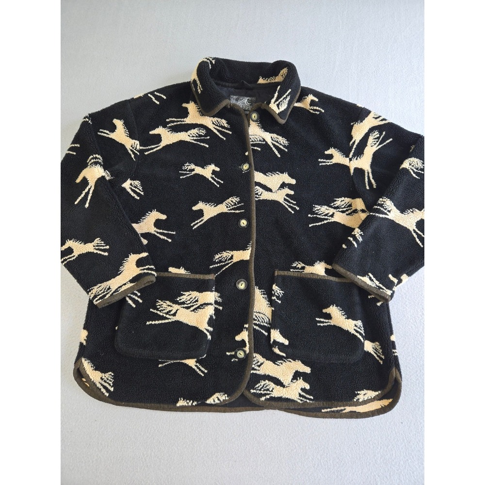Tsunami Horse Print Fleece Jacket Women Large Black Tan Button Up Made in Canada